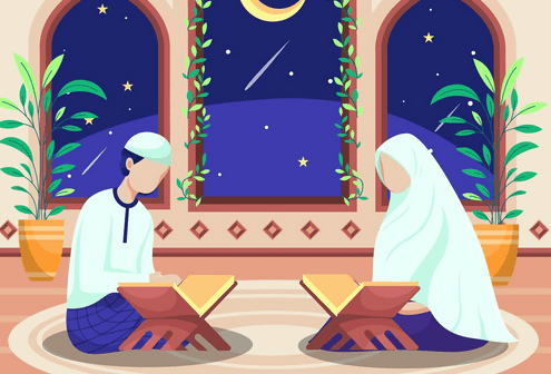 Screenshot 2026-02-20 at 13-06-12 Pria dan wanita Muslim duduk dan membaca Alquran di dalam masjid. Di luar jendela masjid terdapat bulan sabit dan bintang-bintang. Vektor Gratis